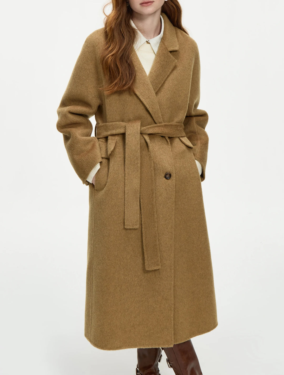 100% Wool Sophia Long Coat Golden Taupe