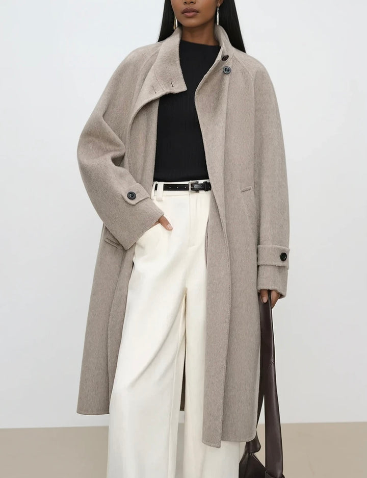 100% Wool Taupe High Collared Coat